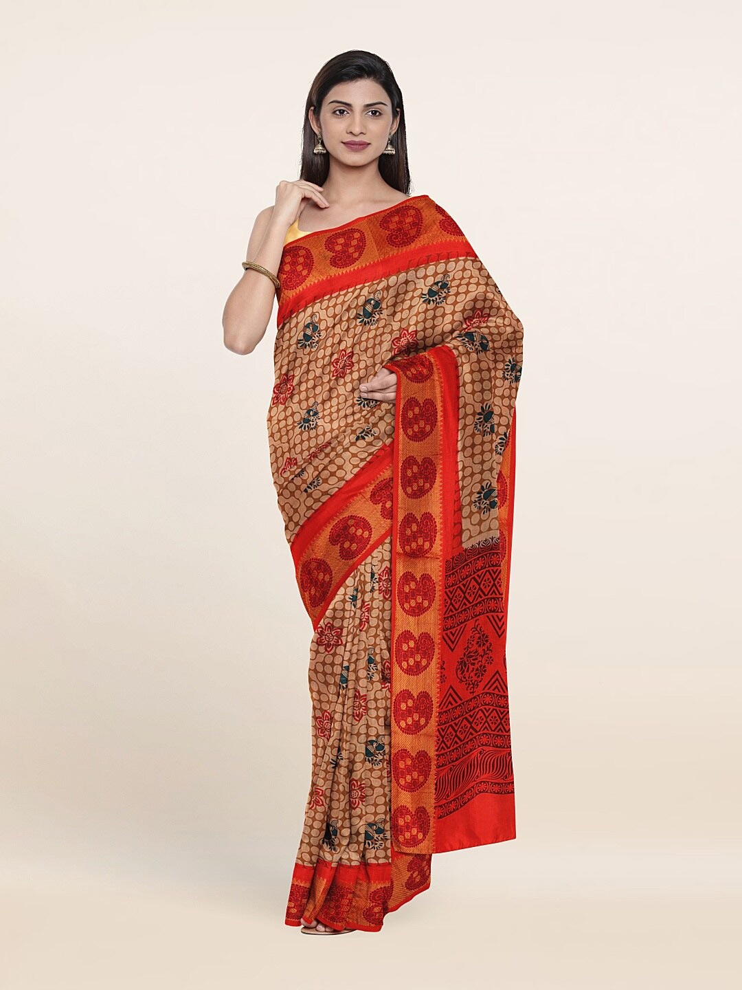 

Pothys Tan & Red Ethnic Motifs Pure Cotton Saree