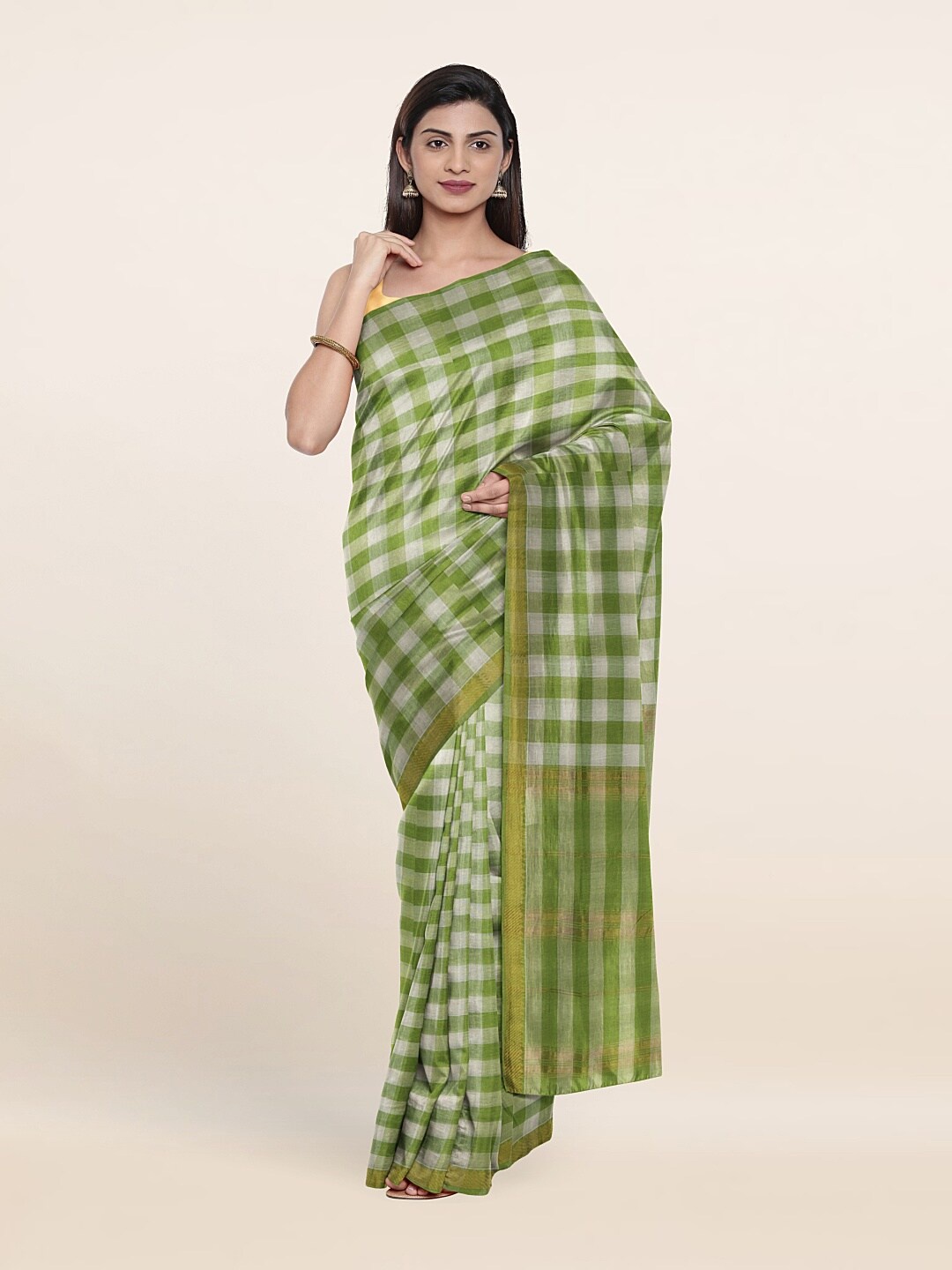 

Pothys Green & White Checked Pure Cotton Saree