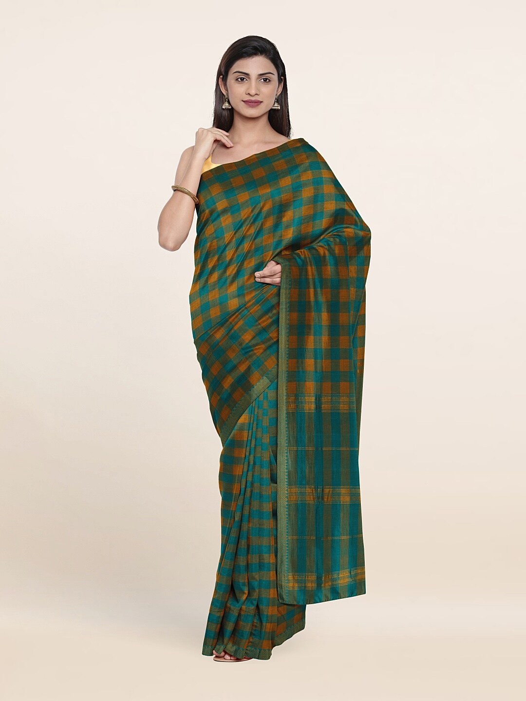 

Pothys Green & Brown Checked Pure Cotton Saree