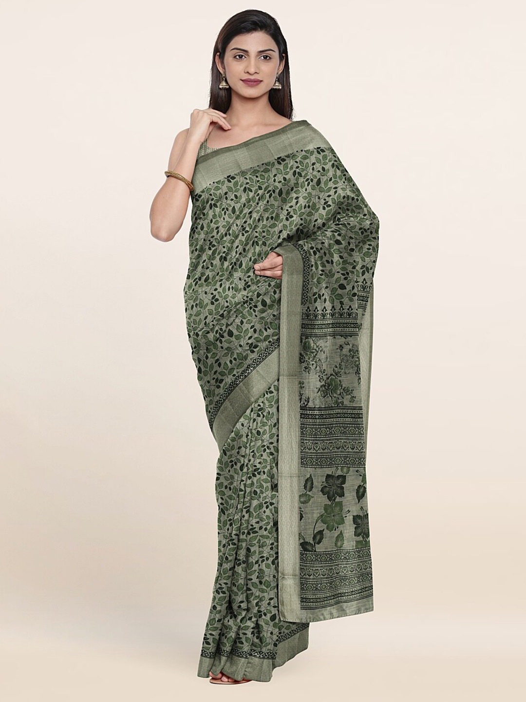 

Pothys Green & Grey Floral Chandhari Cotton Zari Saree