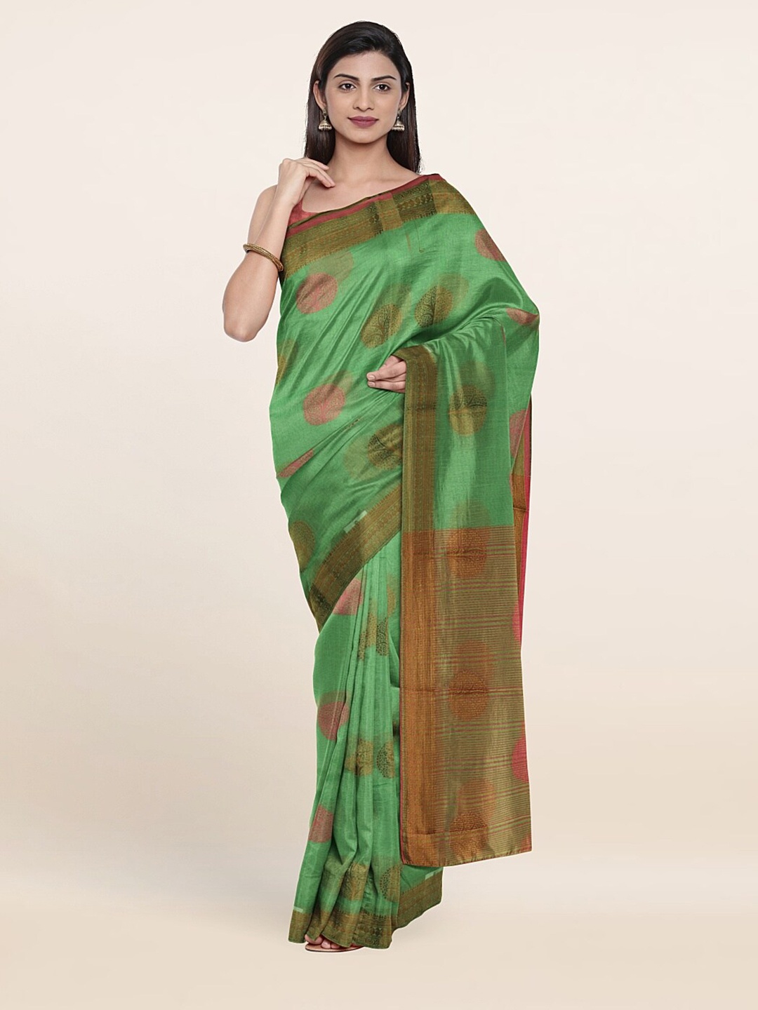 

Pothys Green & Pink Ethnic Motifs Zari Saree