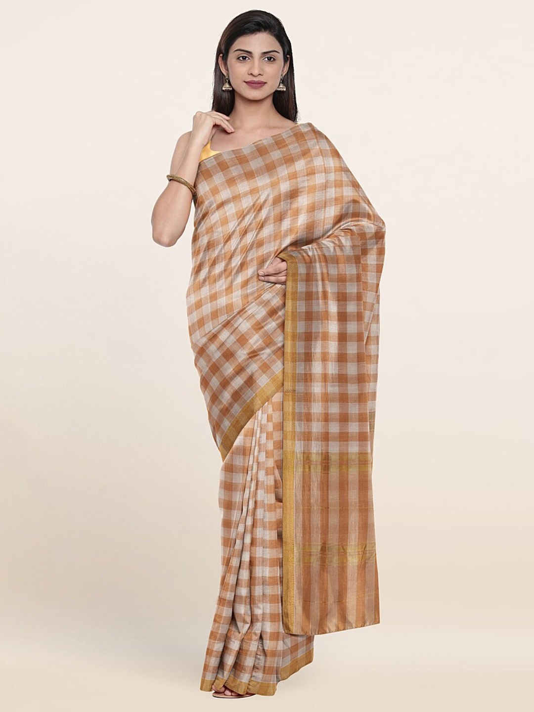 

Pothys Off White & Brown Checked Pure Cotton Saree