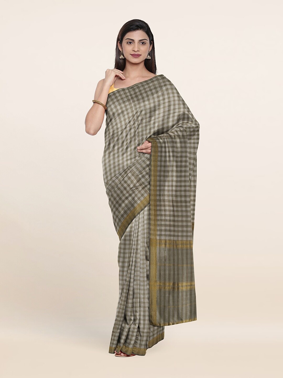 

Pothys Grey & Gold-Toned Checked Zari Pure Cotton Saree