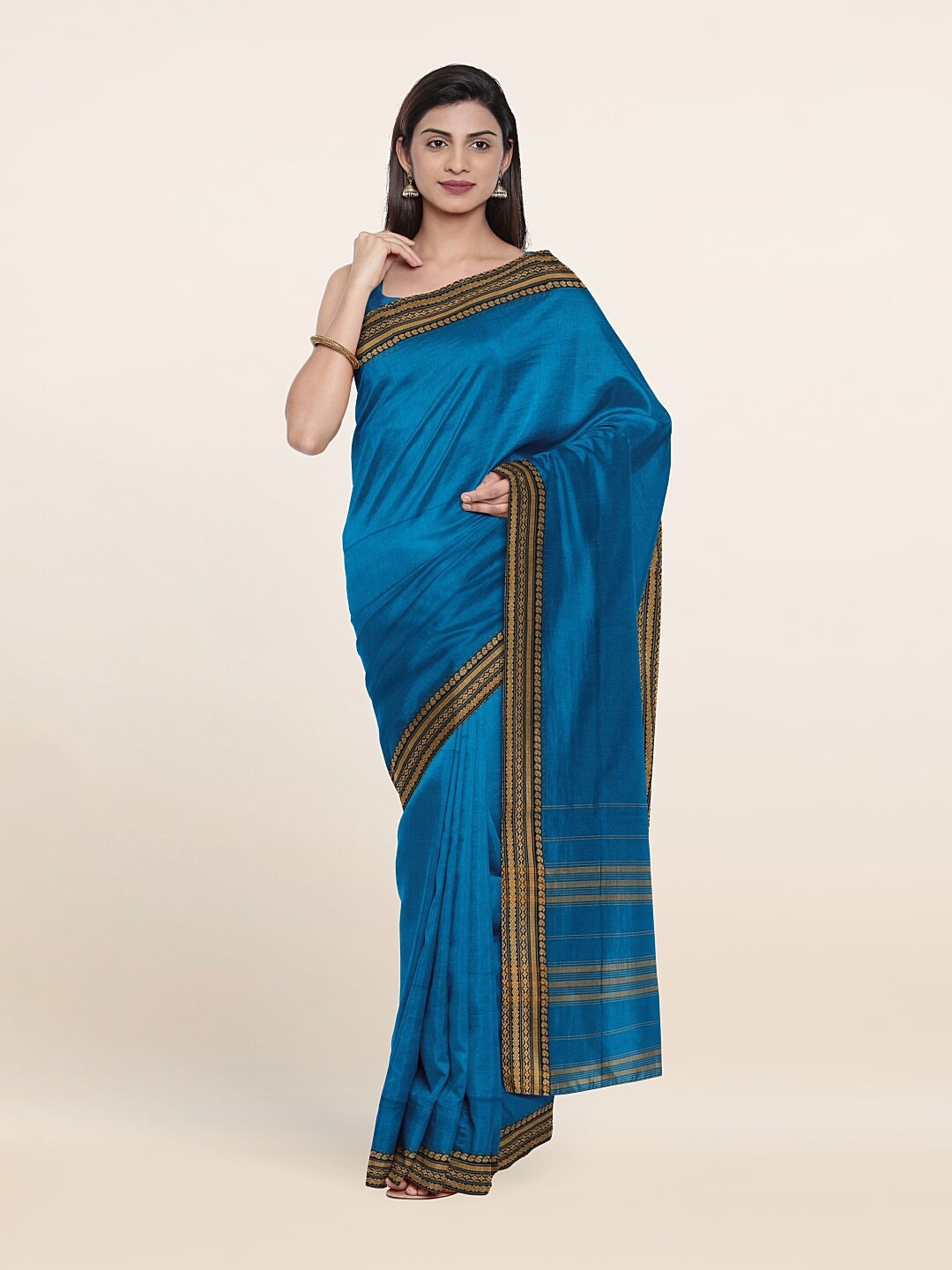 

Pothys Blue & Gold Pure Cotton Saree With Unstitched Blouse Piece