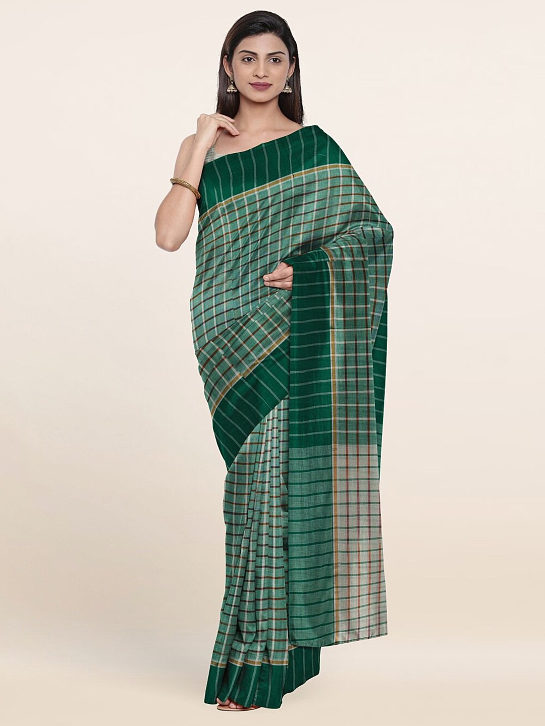 

Pothys Green & Brown Checked Pure Cotton Saree With Unstitched Blouse Piece