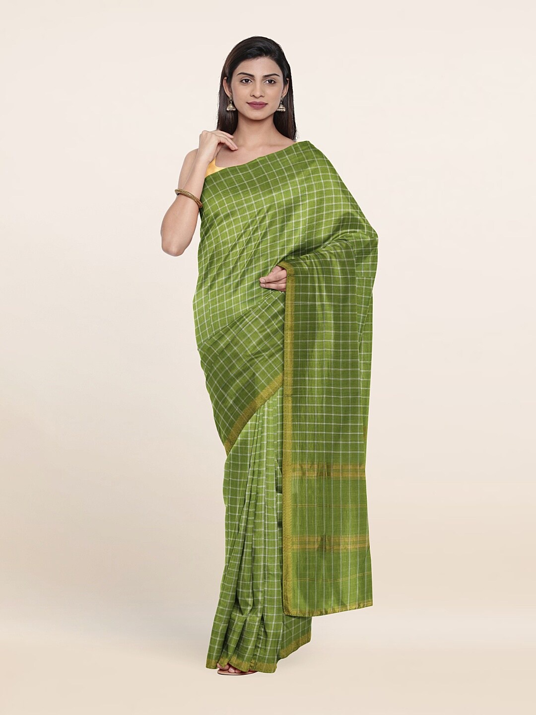 

Pothys Green & White Checked Zari Pure Cotton Saree