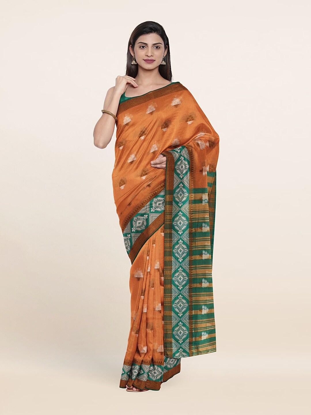 

Pothys Peach-Coloured & Green Cotton Saree