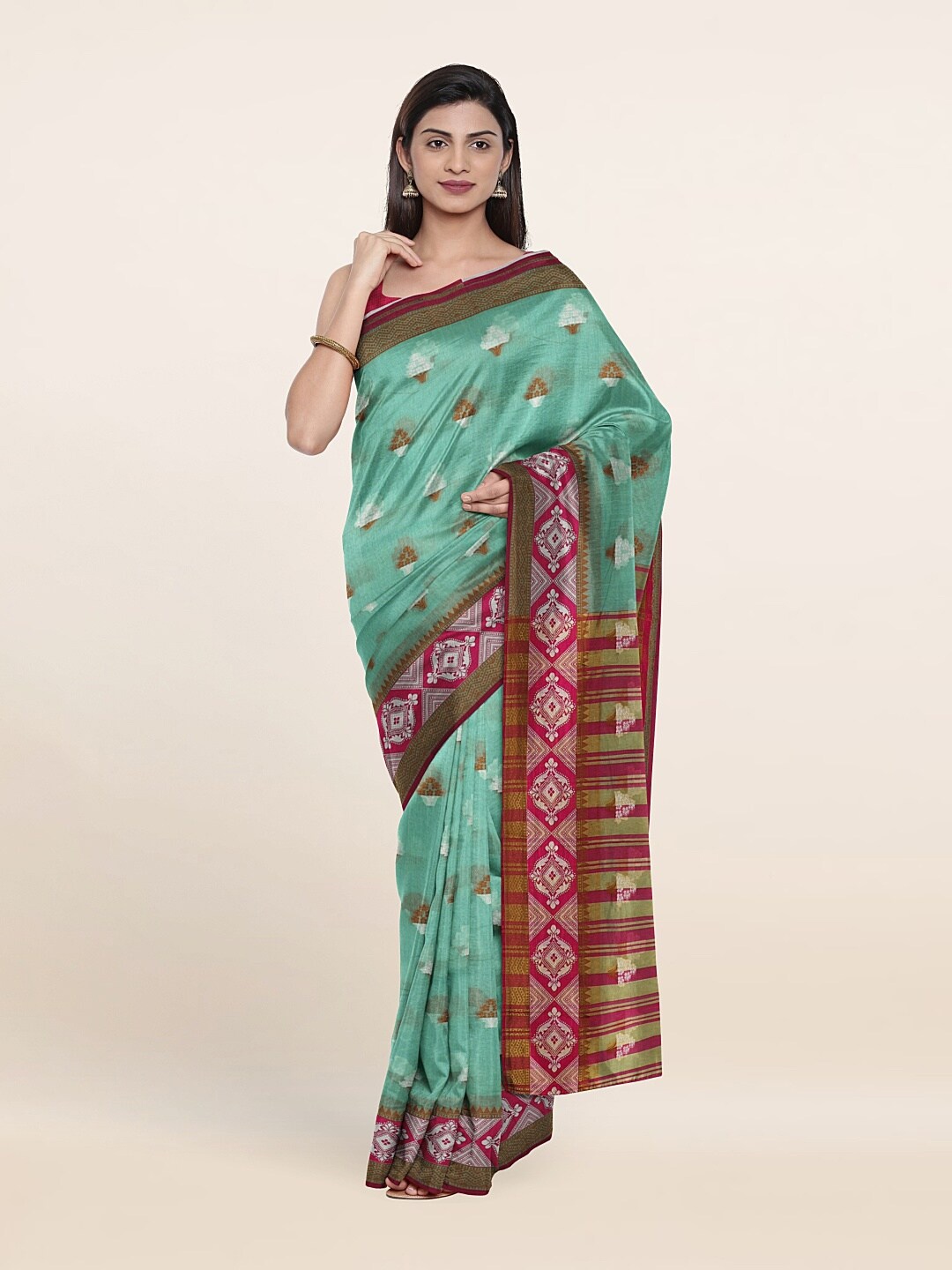 

Pothys Green & Purple Floral Zari Saree