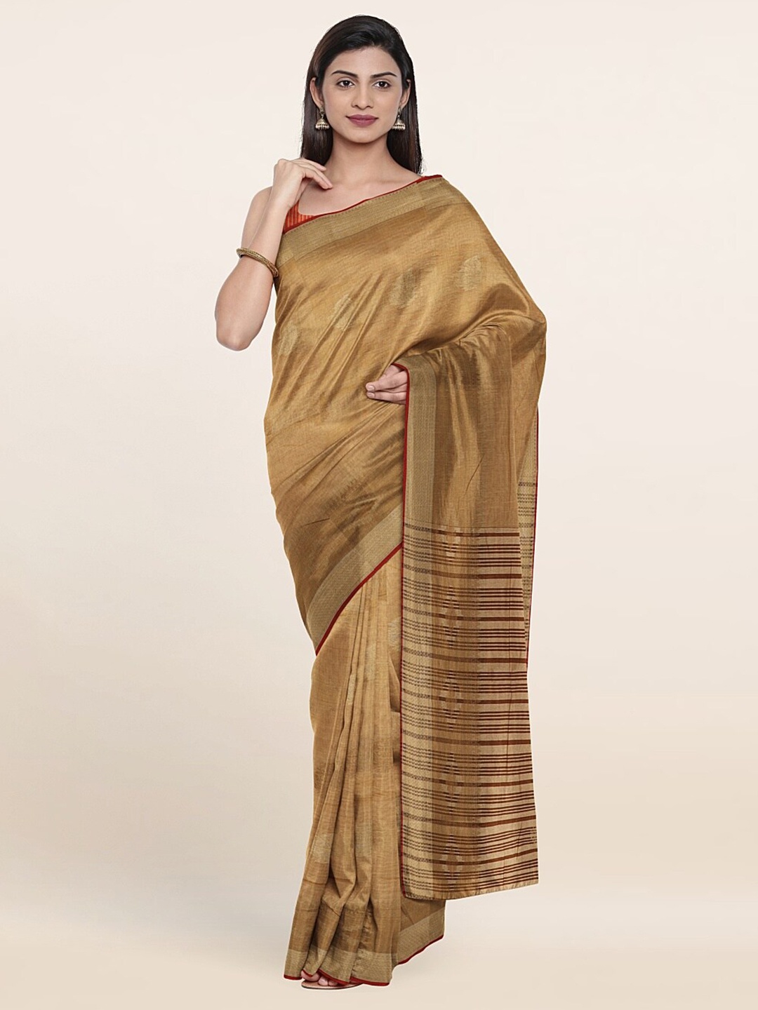 

Pothys Tan & Gold-Toned Woven Design Zari Chanderi Saree