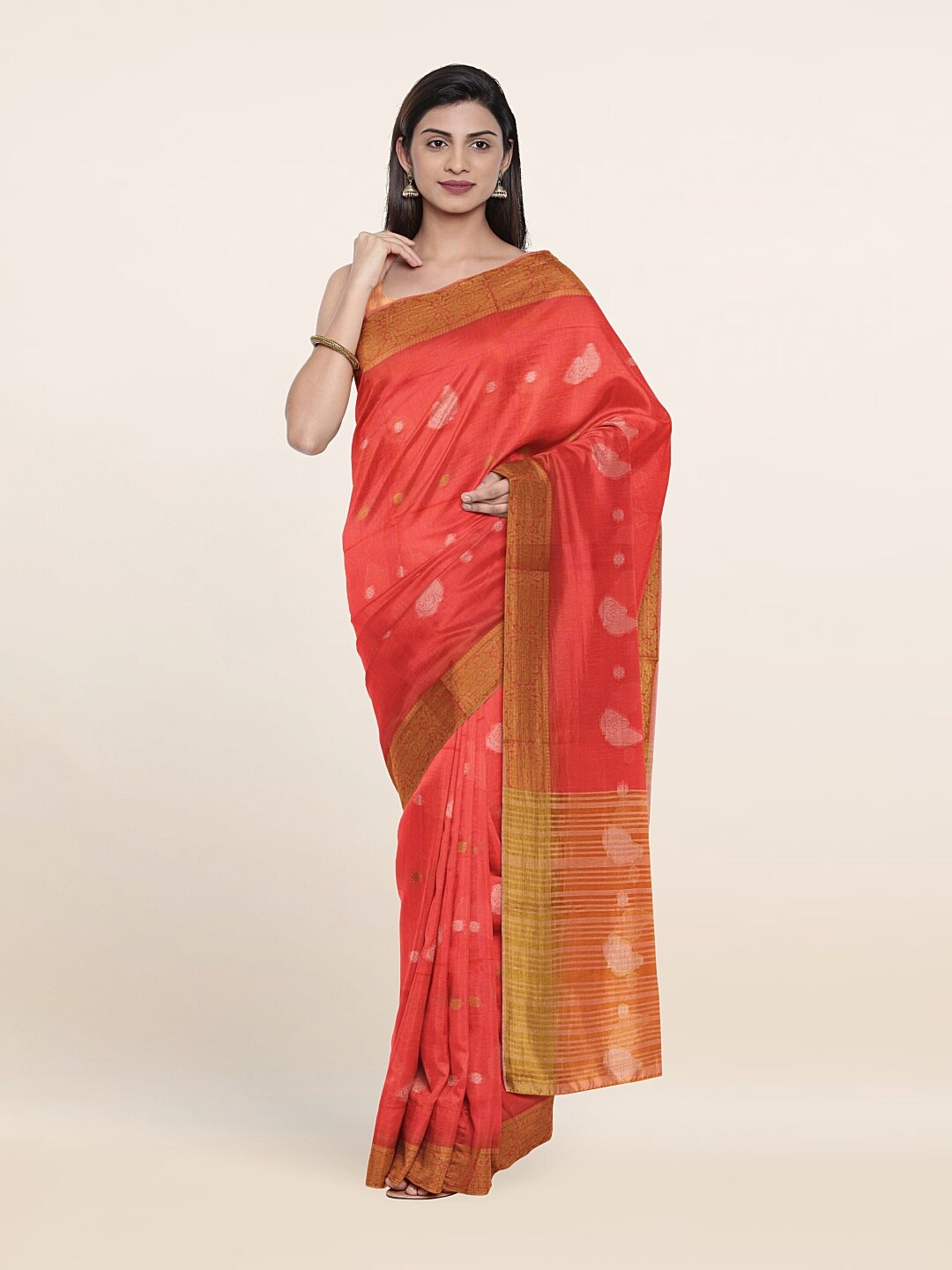 

Pothys Peach-Coloured & Gold-Toned Woven Design Zari Cotton Saree