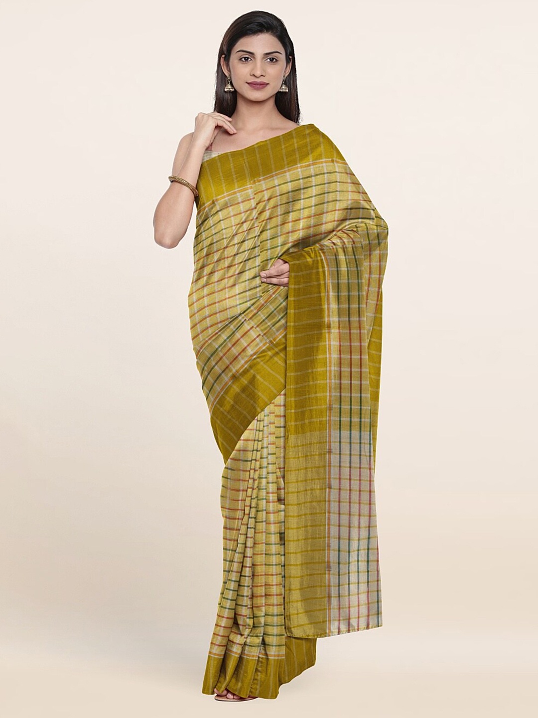 

Pothys Olive Green Checked Pure Cotton Saree