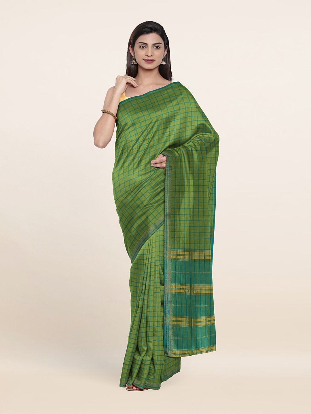 

Pothys Green & Gold Checked Pure Cotton Saree