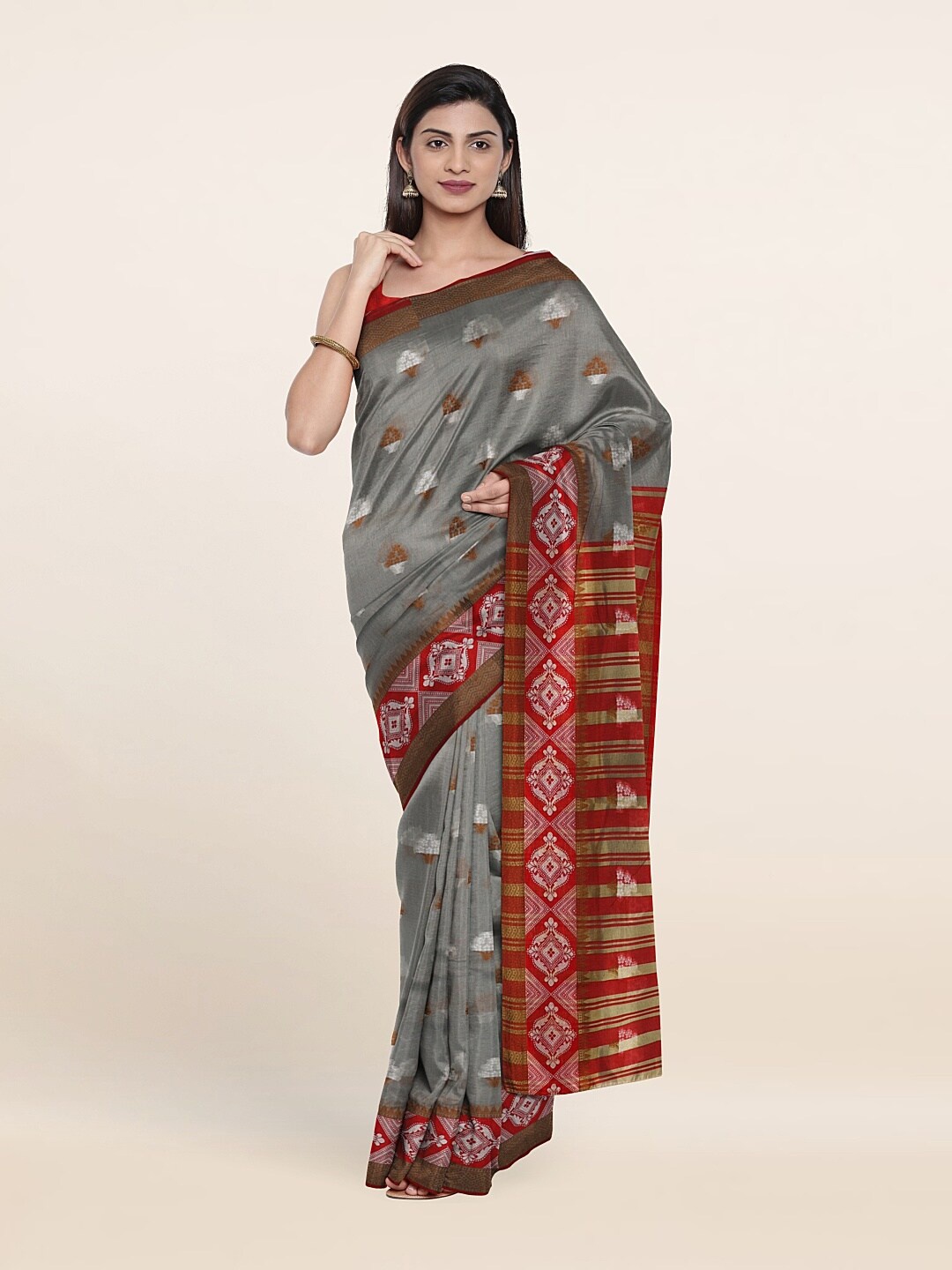 

Pothys Grey & Red Ethnic Motifs Saree