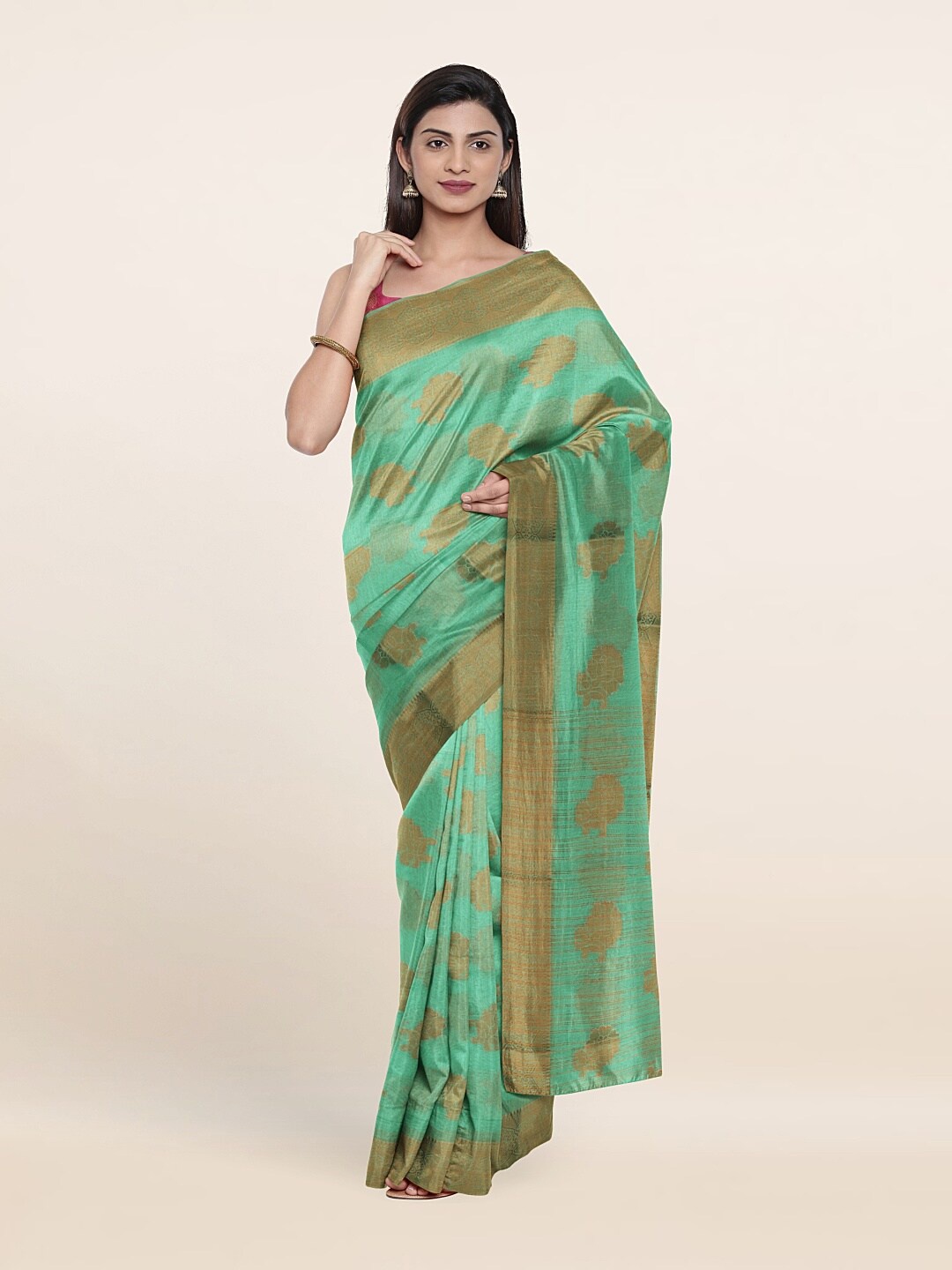

Pothys Green & Gold-Toned Woven Design Zari Saree