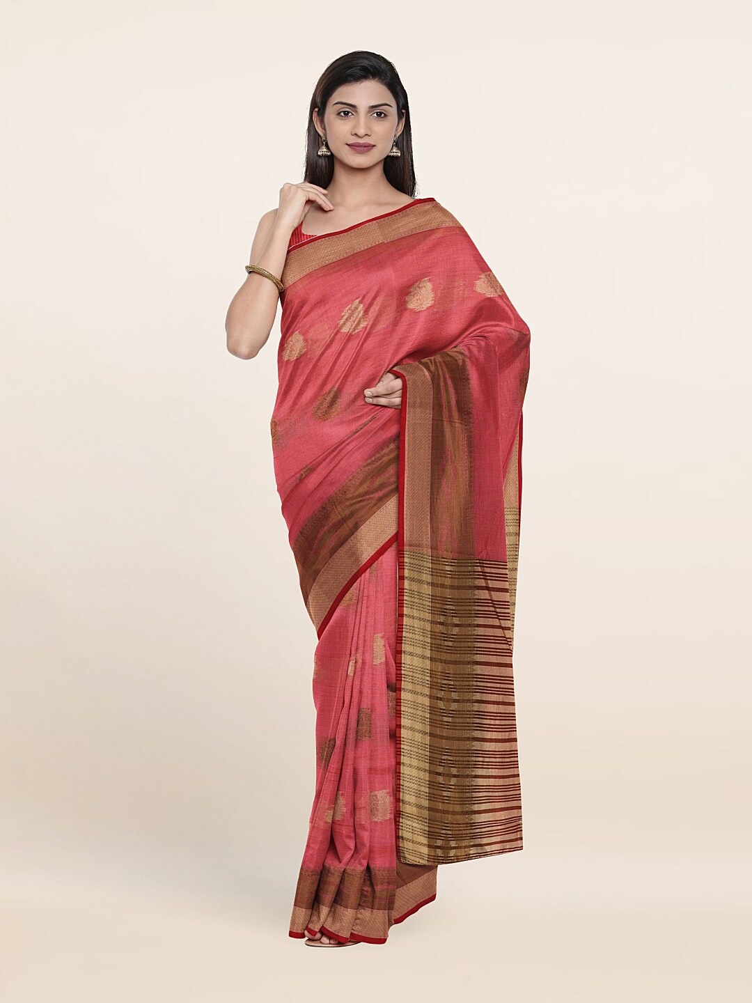 

Pothys Pink & Gold-Toned Ethnic Motifs Zari Saree