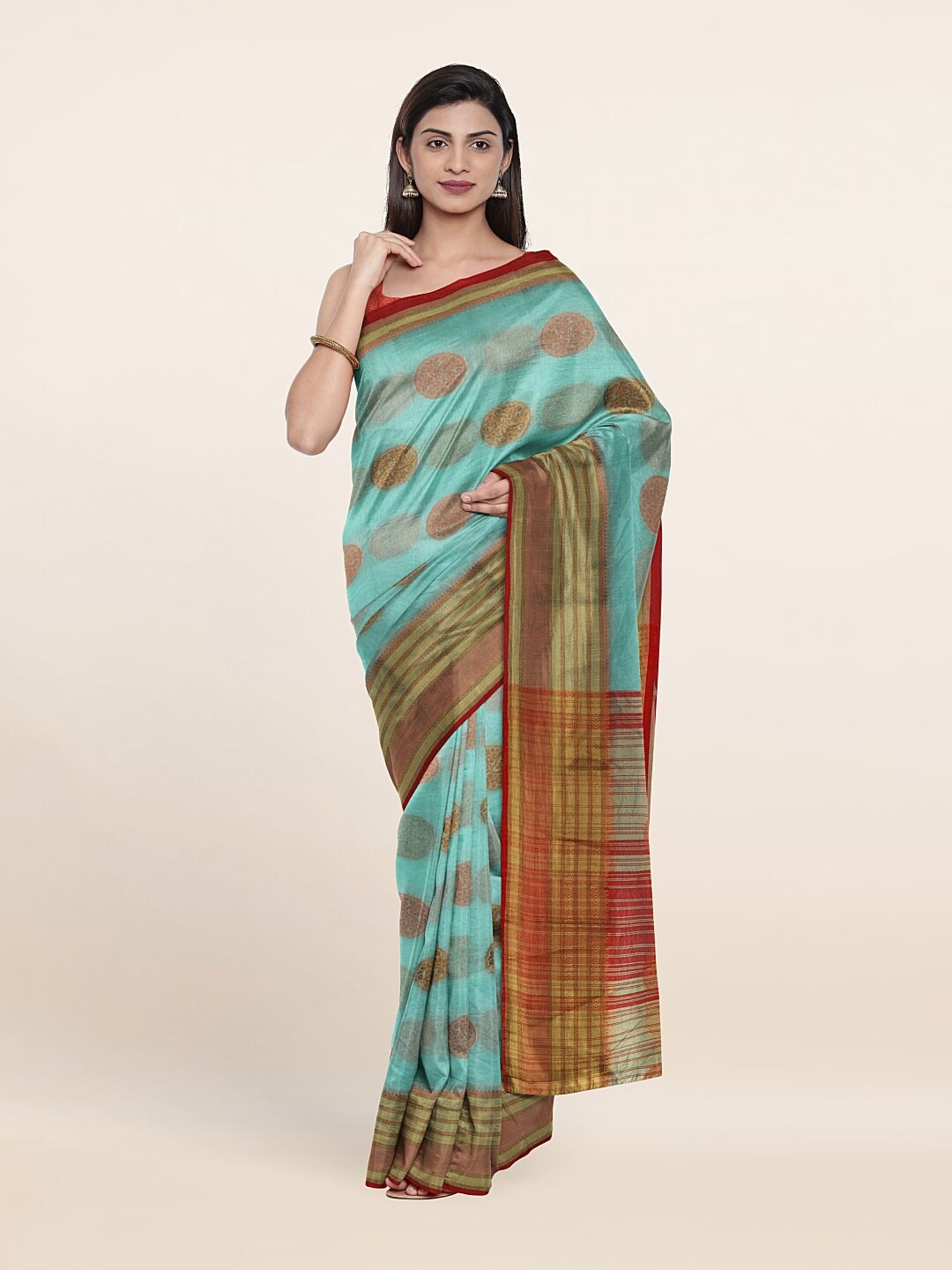 

Pothys Green & Red Ethnic Motifs Zari Saree