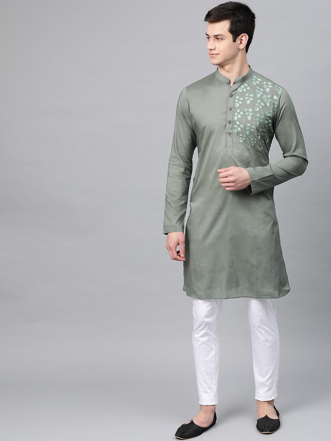 

See Designs Men Olive Green Yoke Design Thread Work Kurta