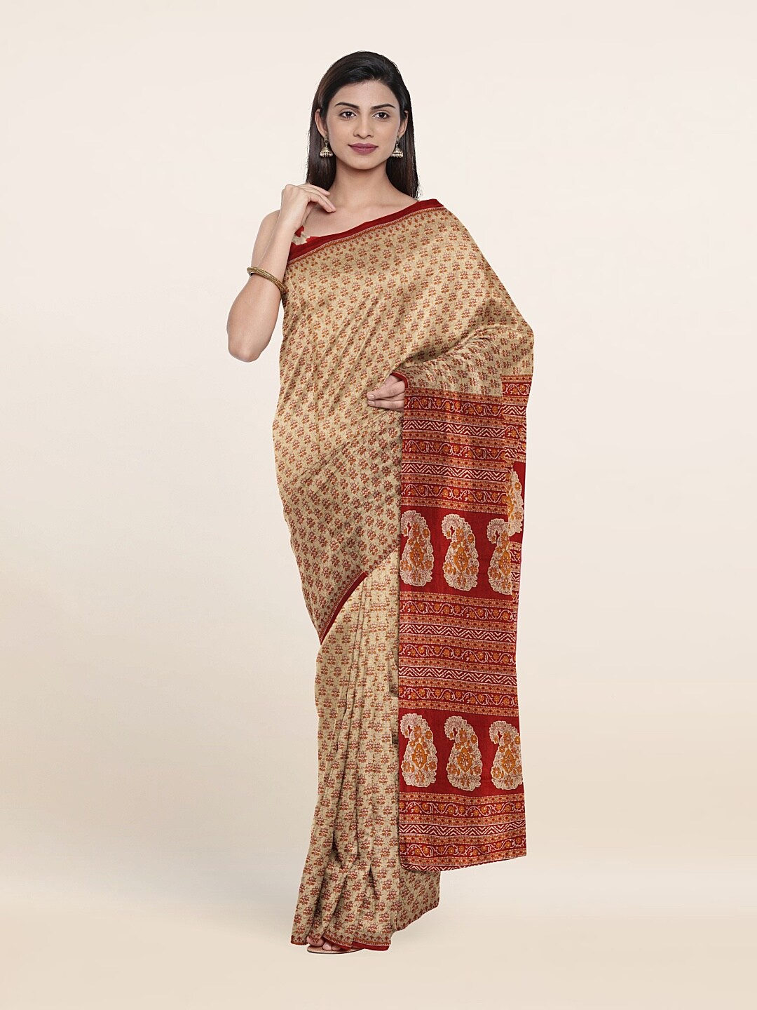 

Pothys Cream-Coloured & Red Paisley Pure Cotton Saree