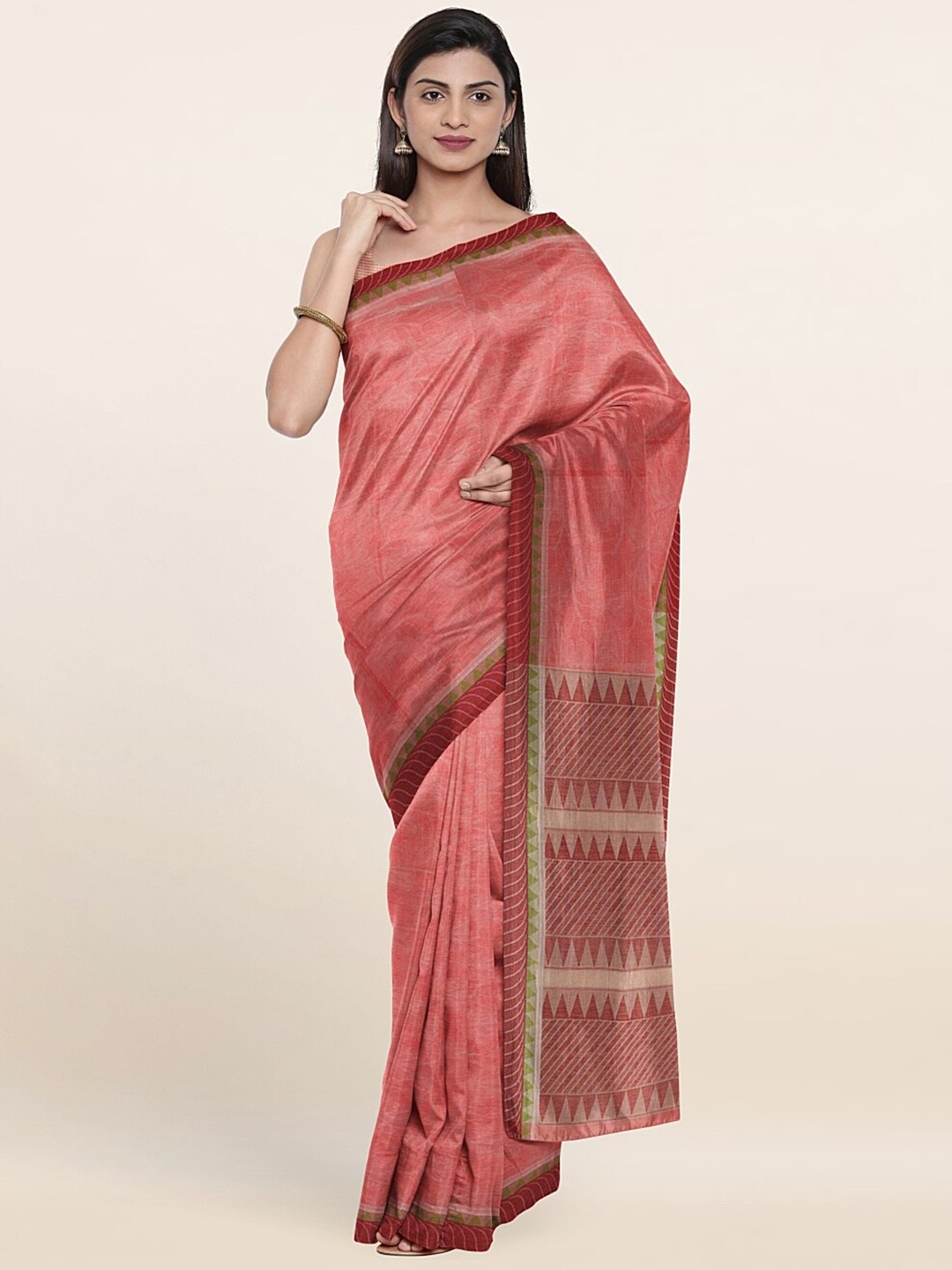 

Pothys Peach-Coloured & Green Pure Cotton Saree