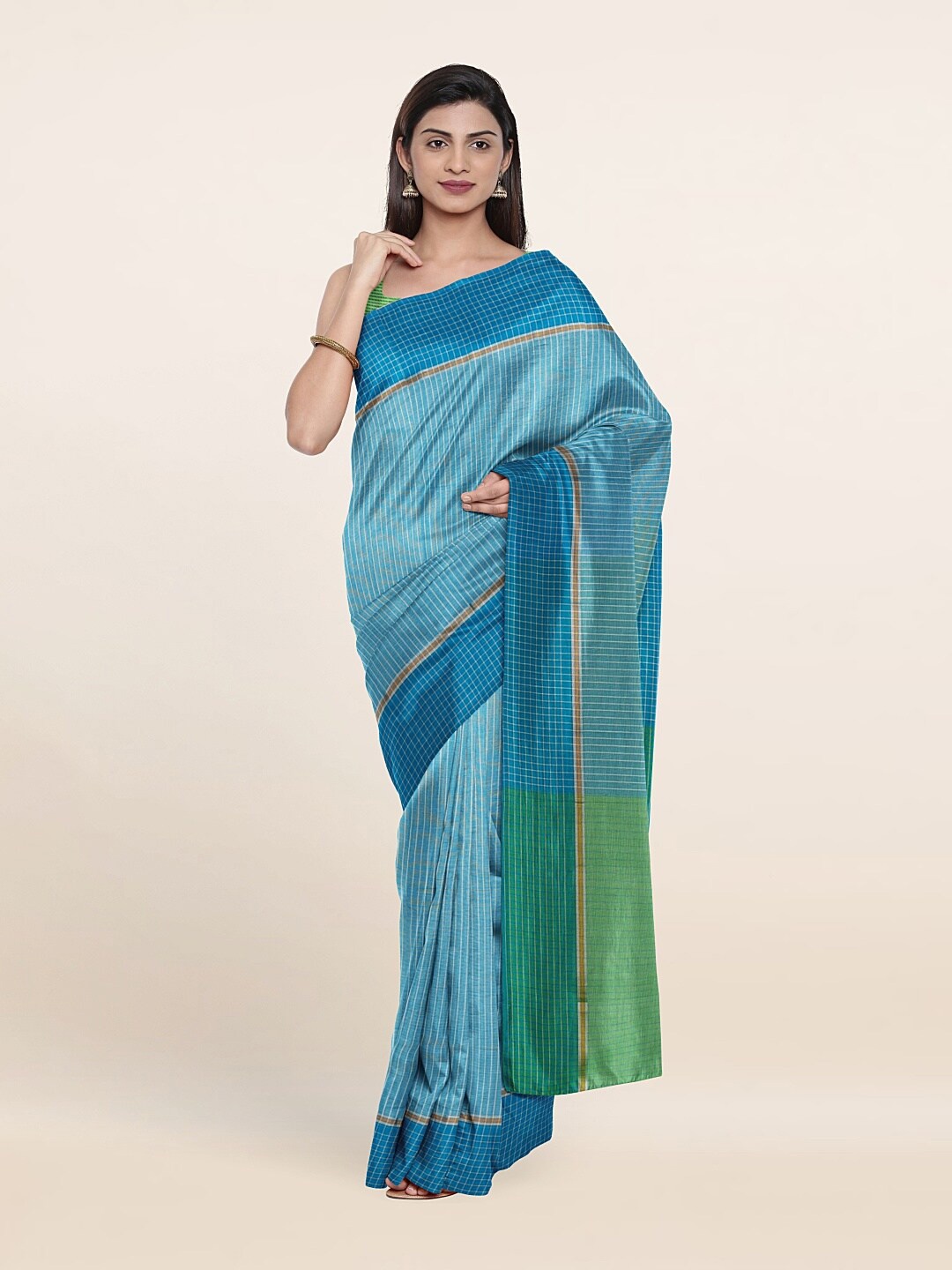 

Pothys Women Blue & Green Checked Pure Cotton Saree