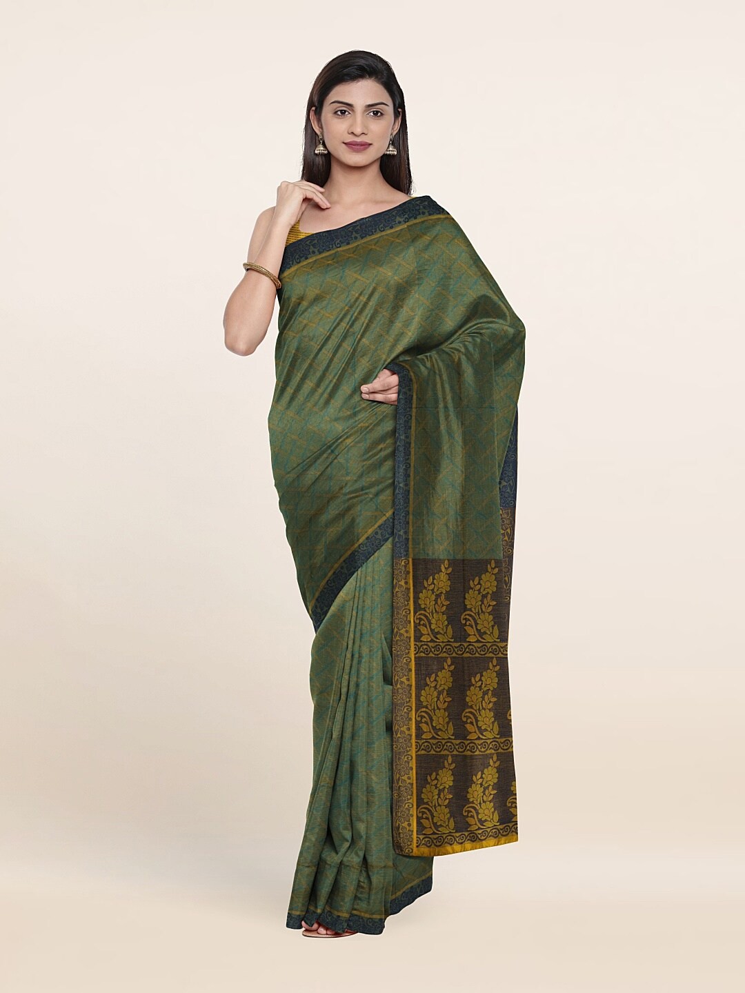

Pothys Green & Mustard Floral Pure Cotton Saree