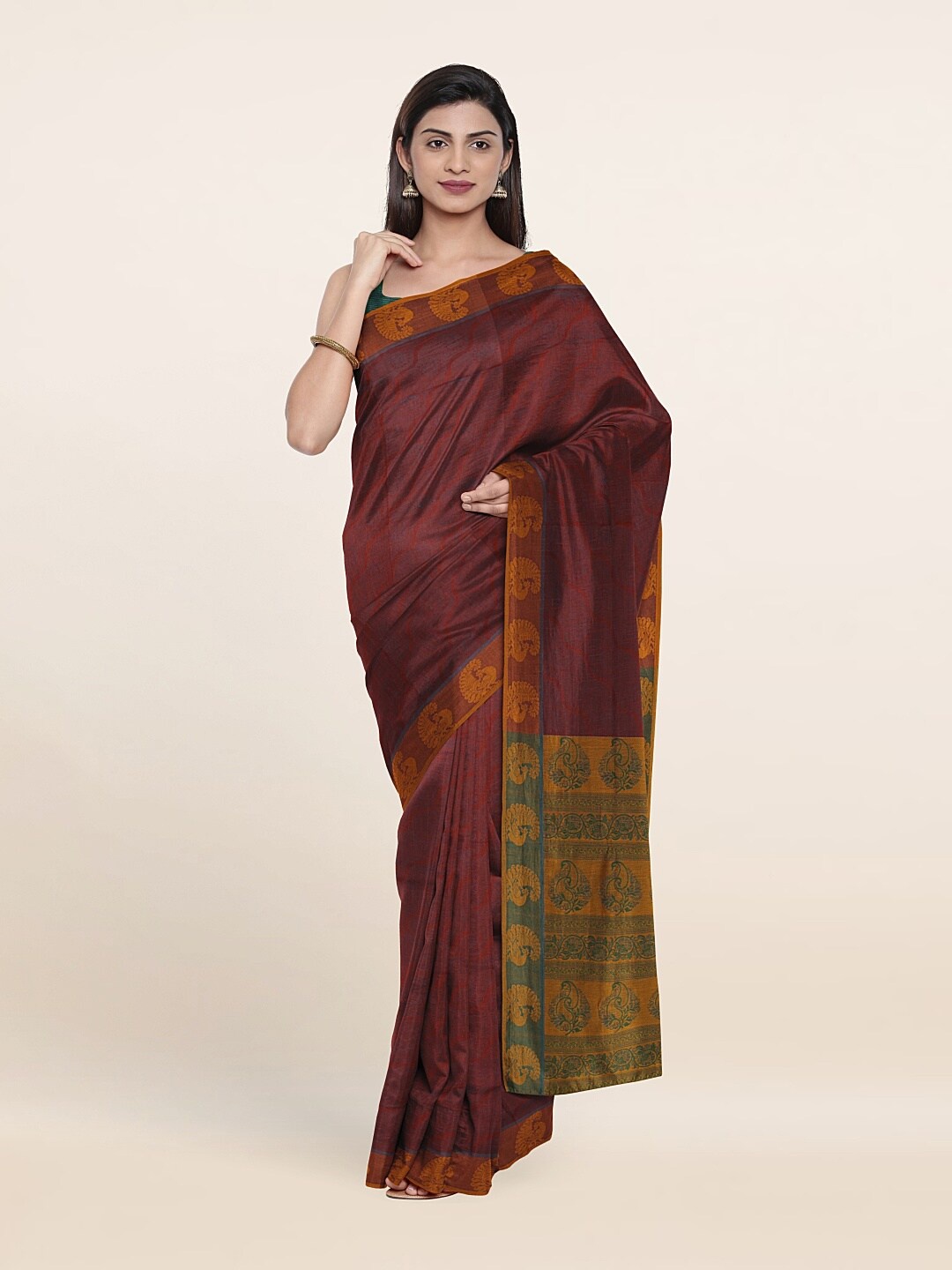 

Pothys Magenta & Mustard Ethnic Motifs Pure Cotton Saree