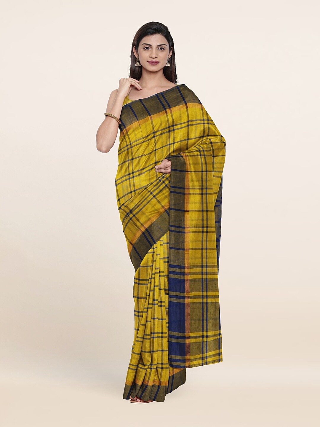 

Pothys Yellow & Navy Blue Checked Pure Cotton Saree With Unstitched Blouse Piece