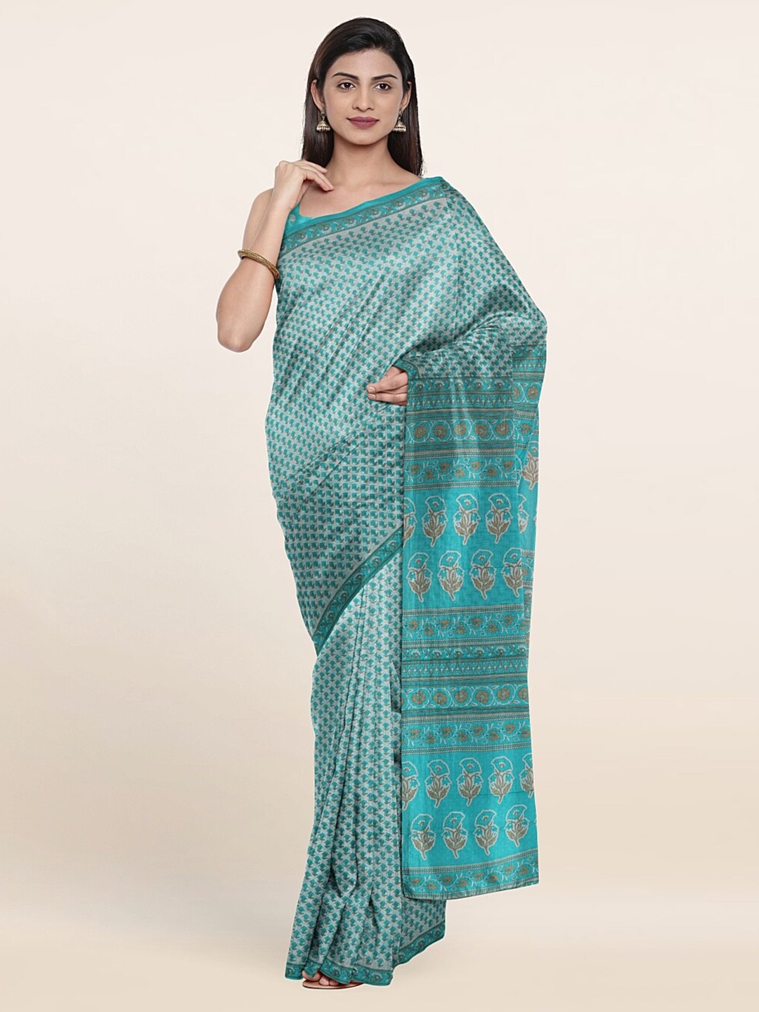 

Pothys Women Off White & Blue Floral Pure Cotton Saree