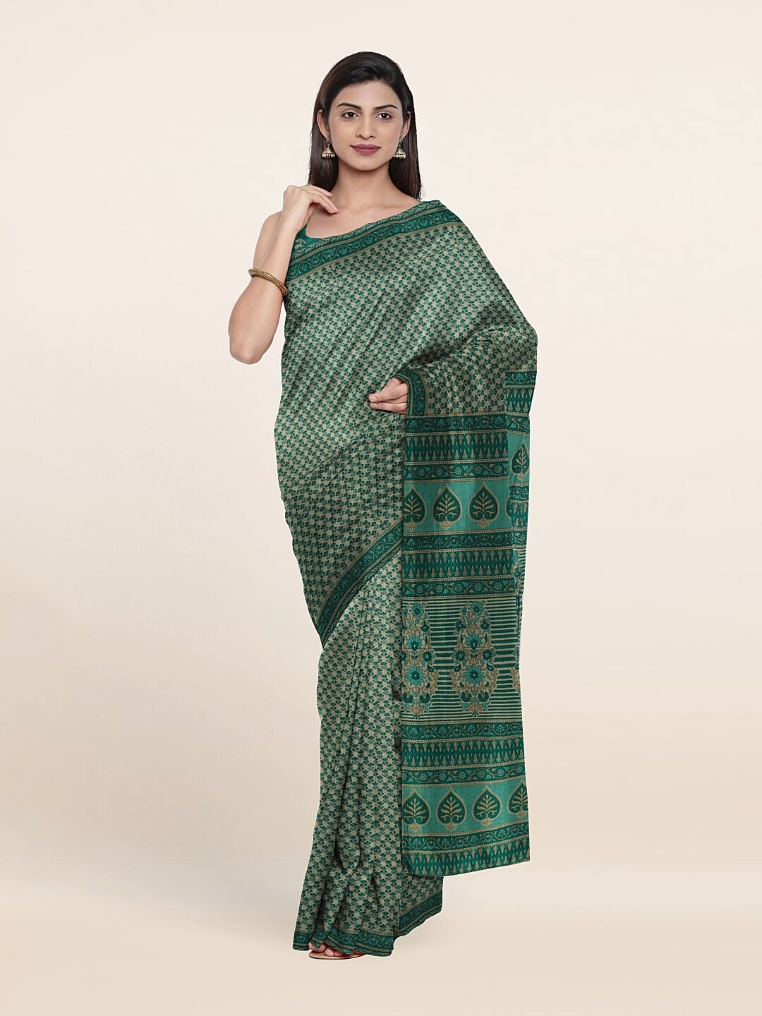 

Pothys Off White & Green Floral Pure Cotton Saree
