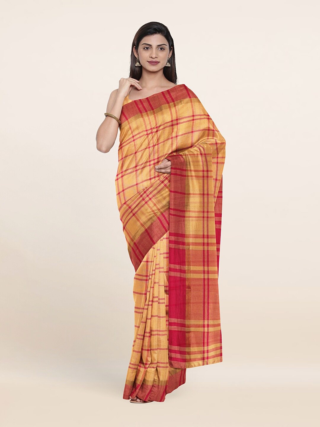 

Pothys Tan & Red Checked Pure Cotton Saree