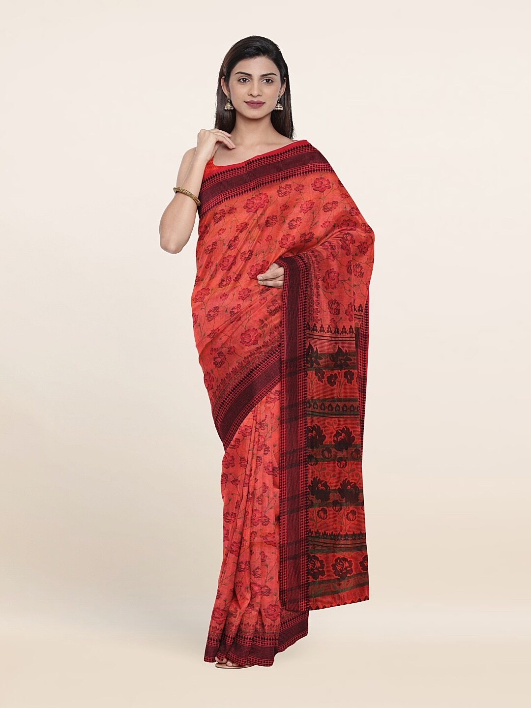 

Pothys Peach-Coloured Floral Cotton Saree