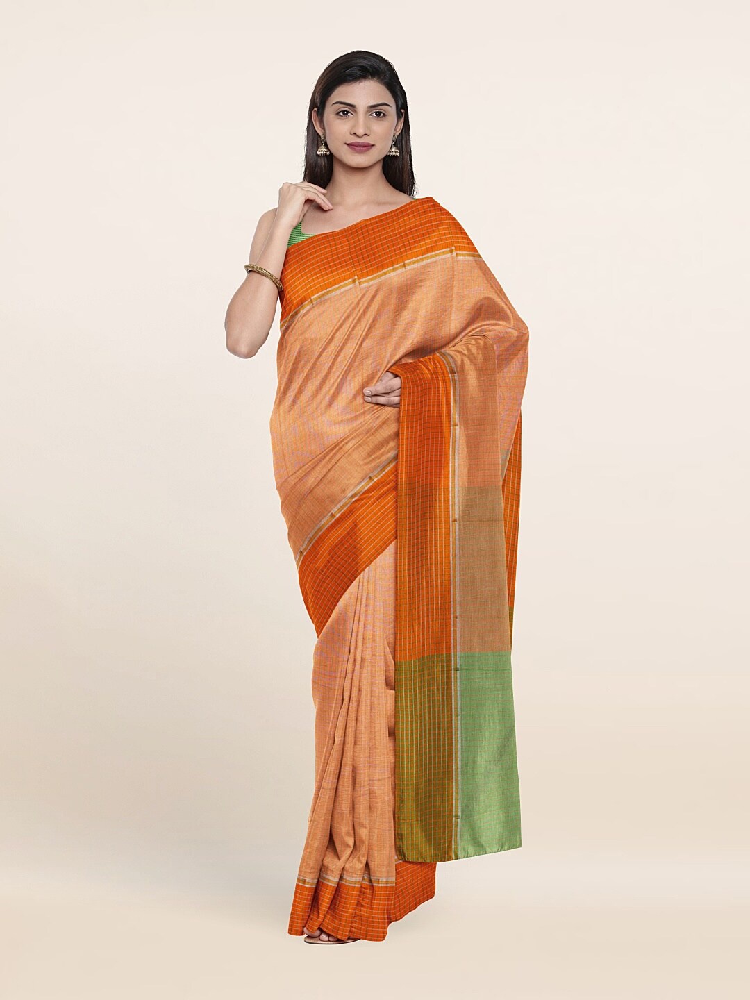 

Pothys Peach-Coloured & Green Checked Pure Cotton Saree