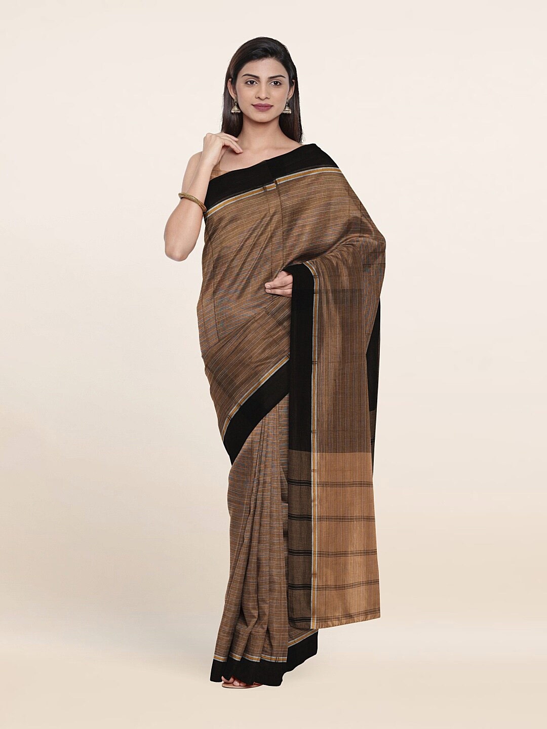 

Pothys Grey & Brown Striped Zari Pure Cotton Saree