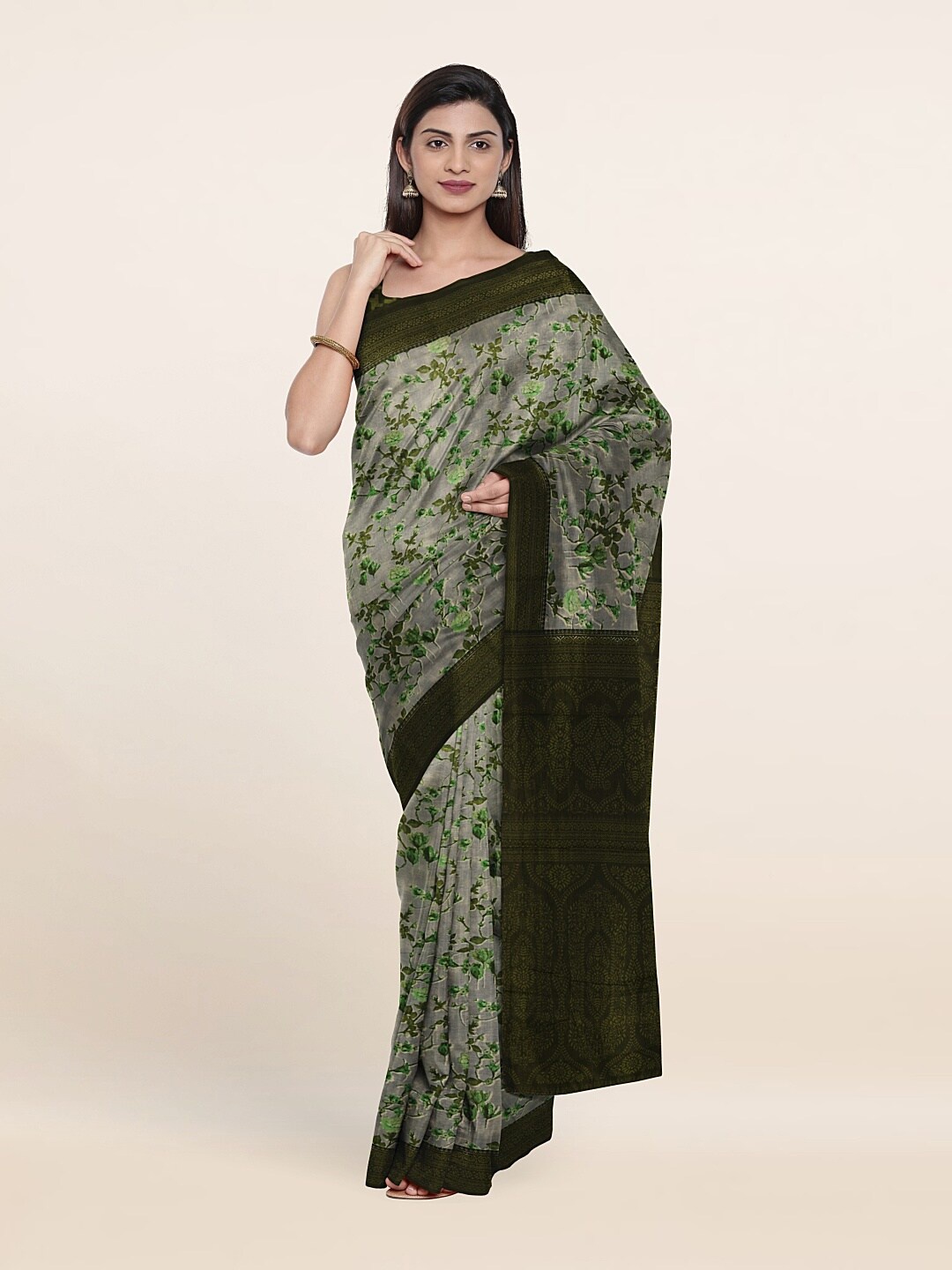 

Pothys Grey & Green Floral Pure Cotton Saree