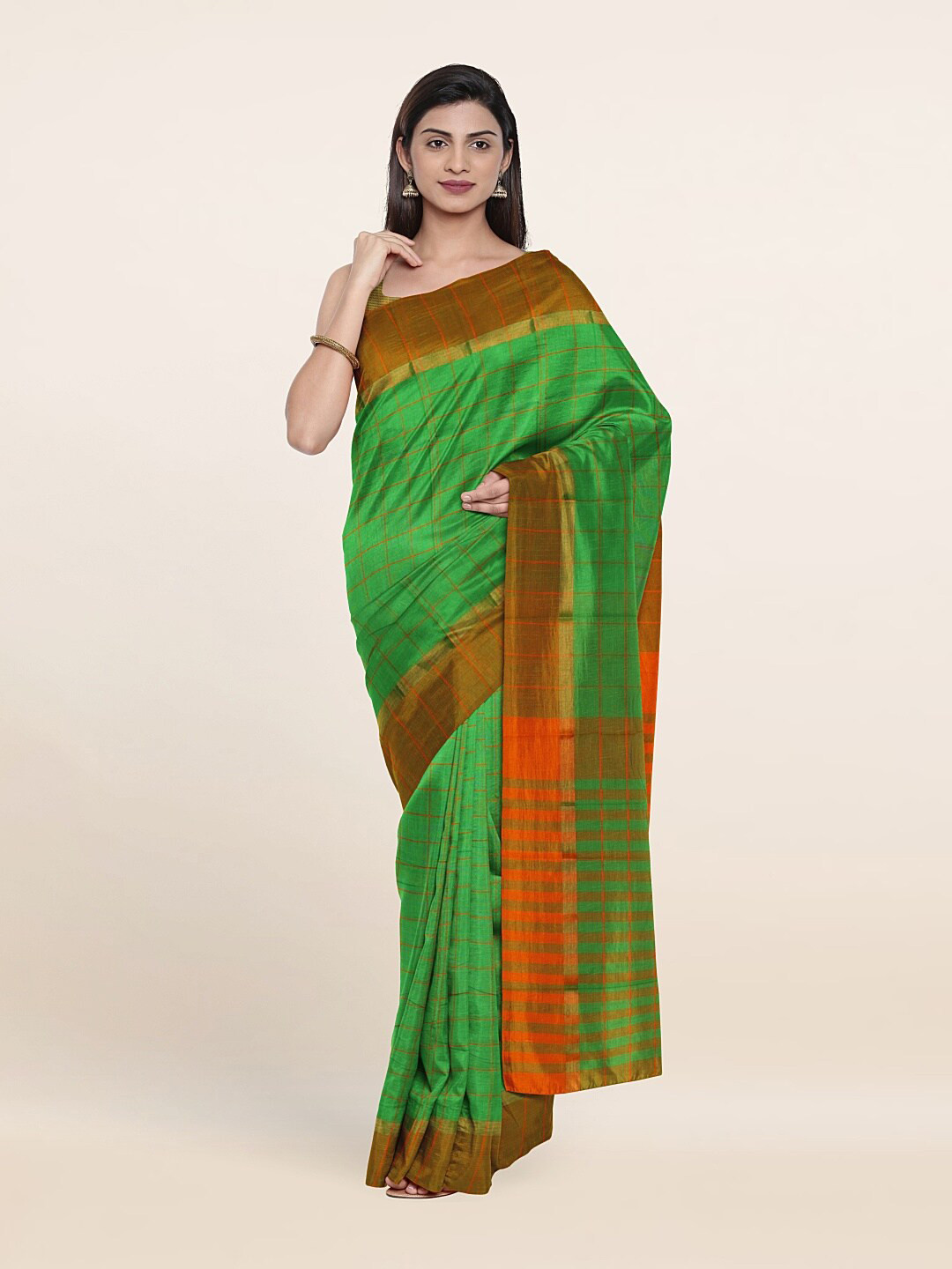 

Pothys Green & Orange Checked Pure Cotton Saree