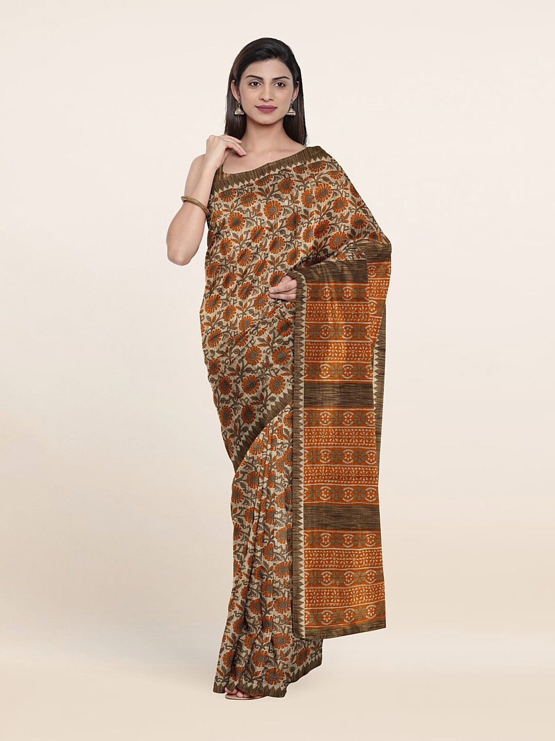 

Pothys Off White & Orange Floral Pure Cotton Saree