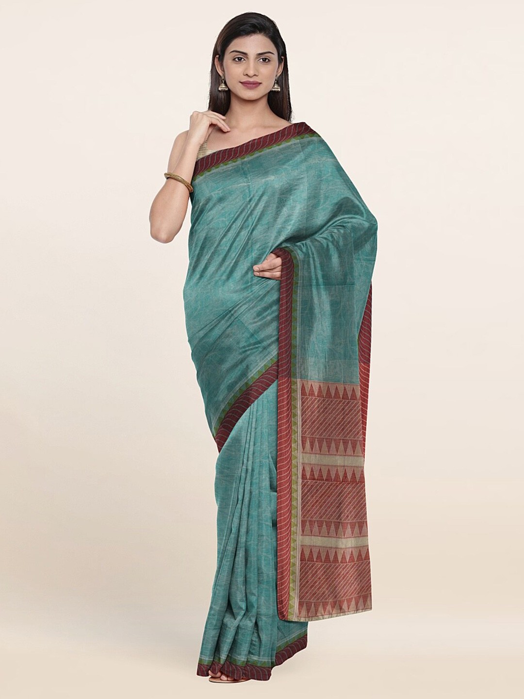 

Pothys Sea Green & Brown Floral Pure Cotton Saree