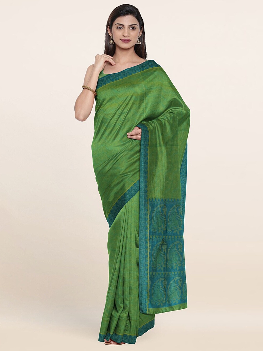 

Pothys Green & Turquoise Blue Paisley Pure Cotton Saree