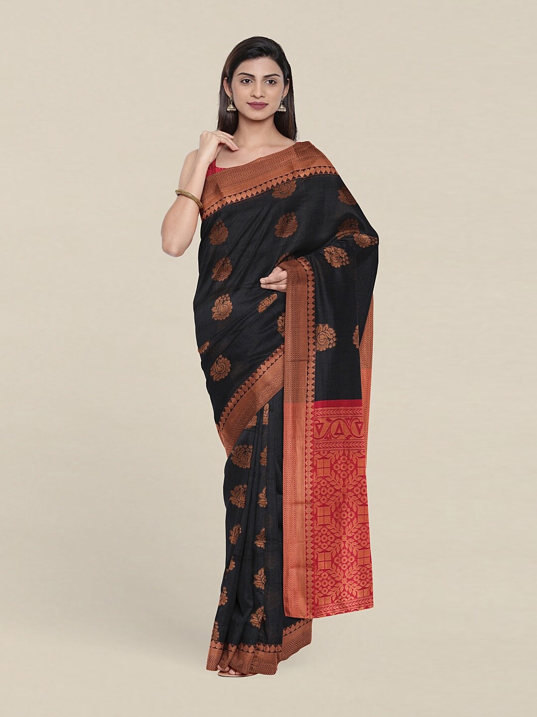 

Pothys Grey & Red Ethnic Motifs Zari Silk Cotton Saree