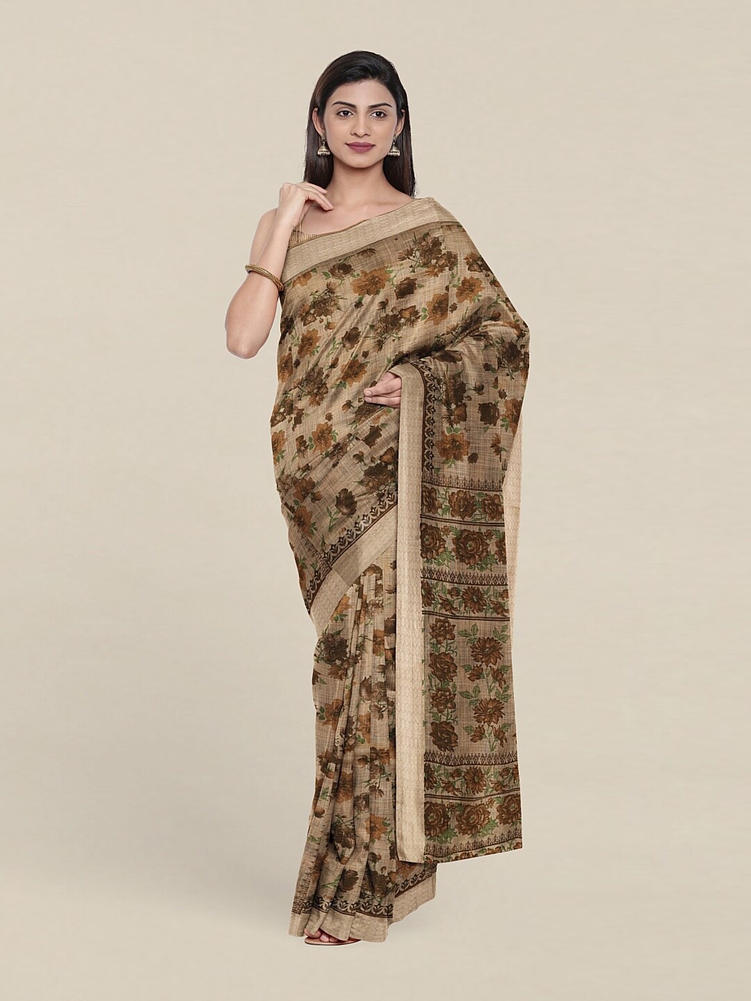 

Pothys Cream-Coloured & Brown Floral Saree