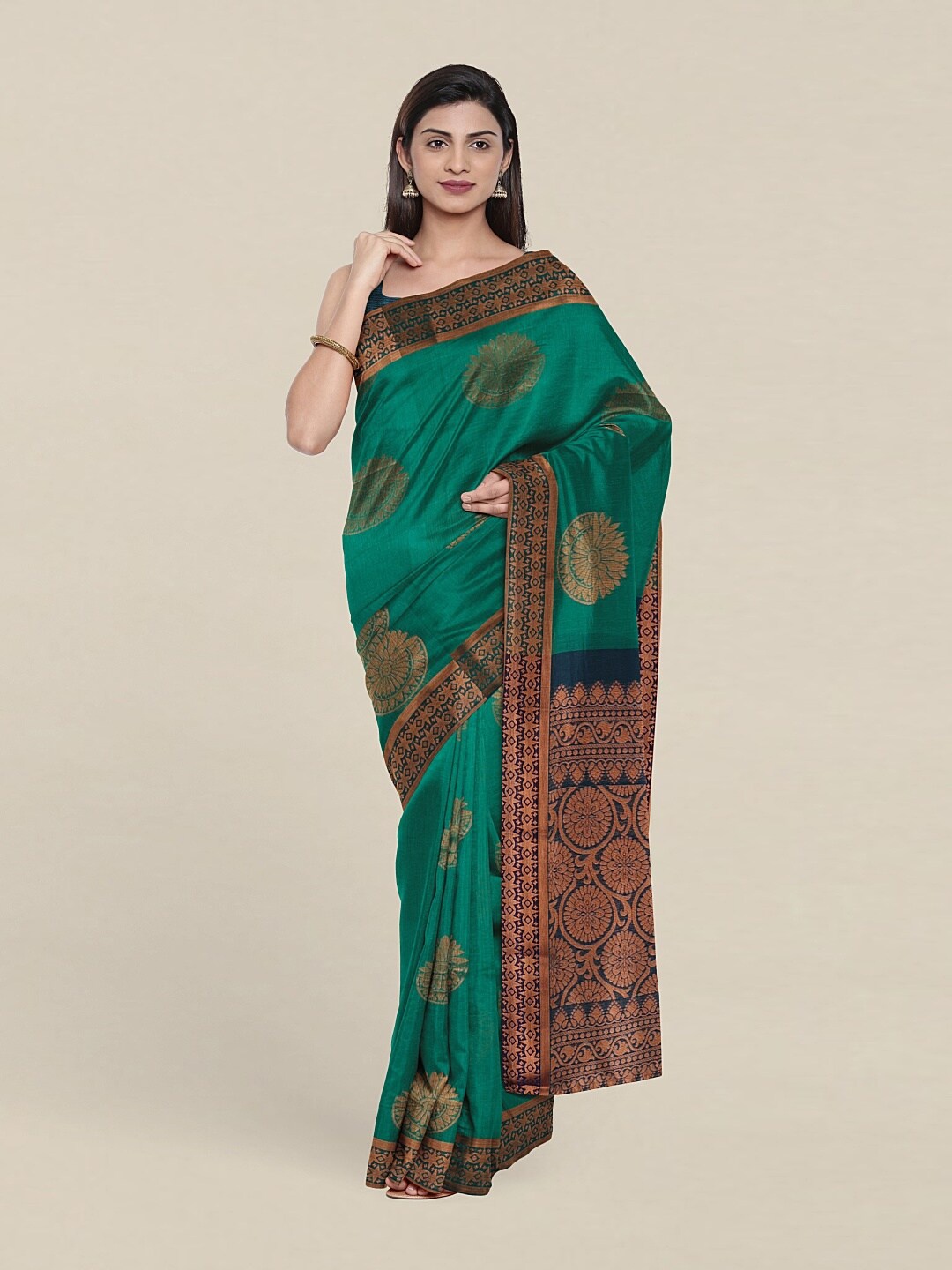 

Pothys Green & Copper-Toned Ethnic Motifs Zari Silk Cotton Saree