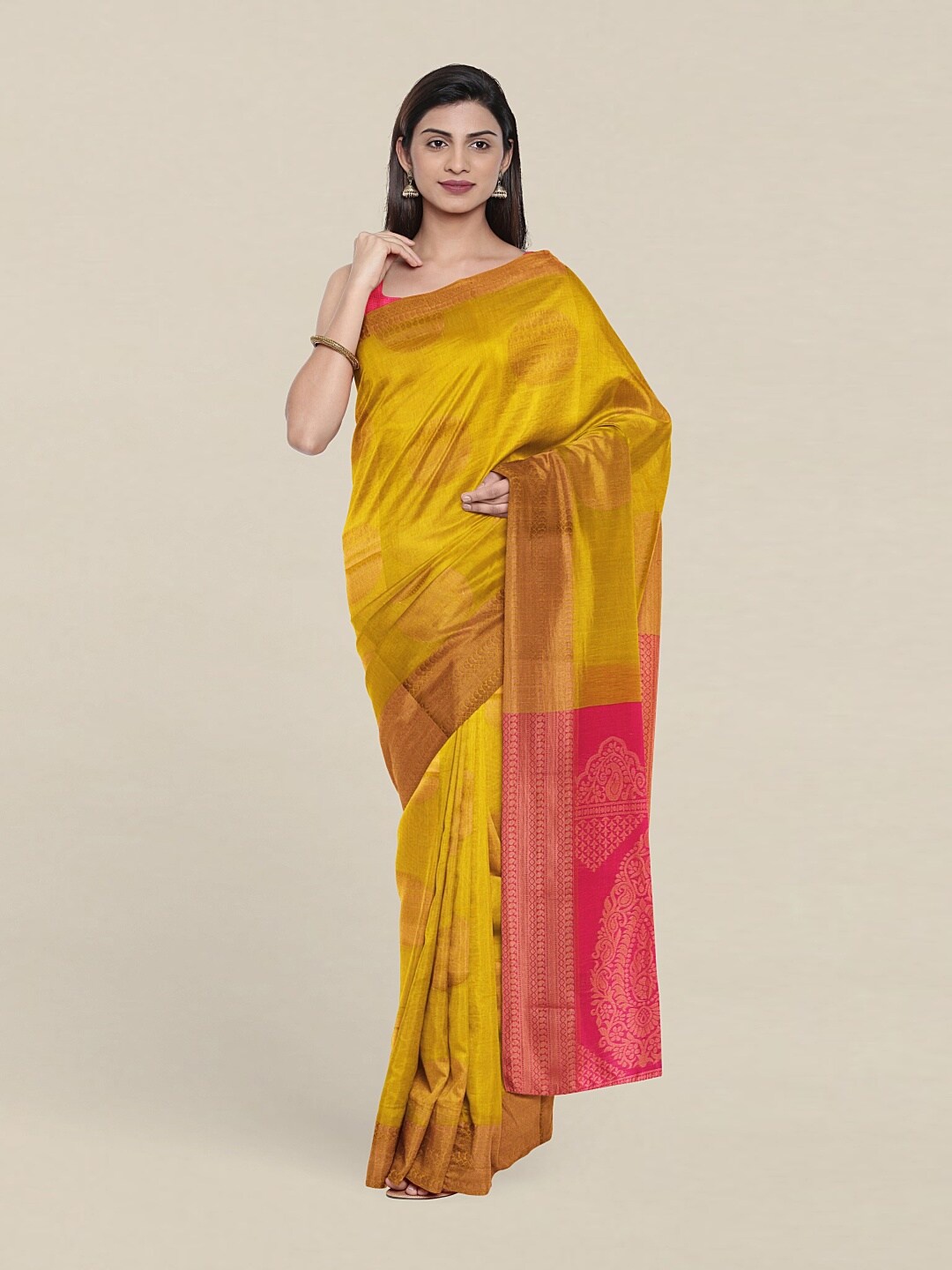 

Pothys Yellow & Pink Woven Design Zari Silk Cotton Saree