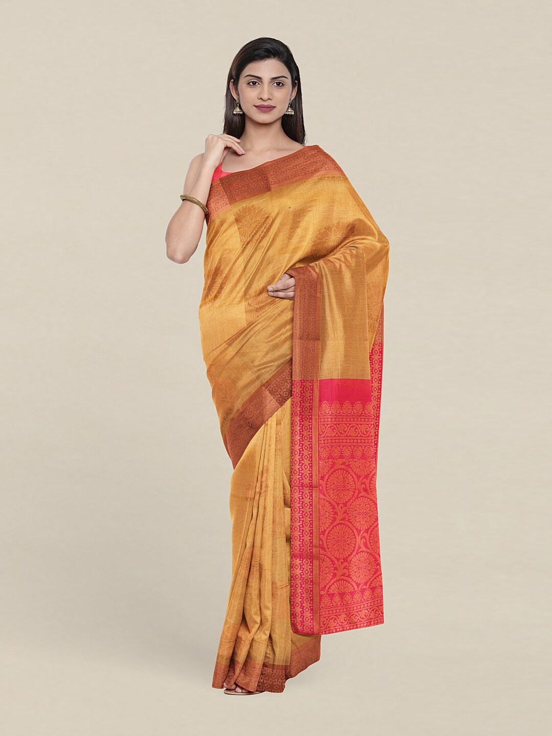 

Pothys Gold-Toned & Pink Woven Design Zari Silk Cotton Saree