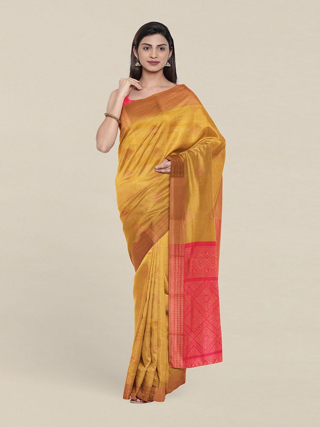 

Pothys Mustard & Cream-Coloured Woven Design Zari Silk Cotton Saree