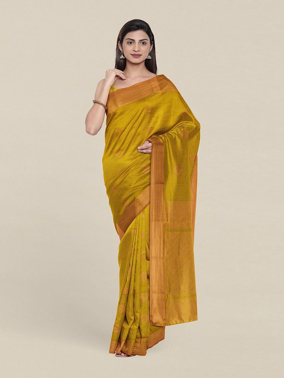 

Pothys Women Green & Copper-Toned Ethnic Motifs Zari Silk Cotton Saree