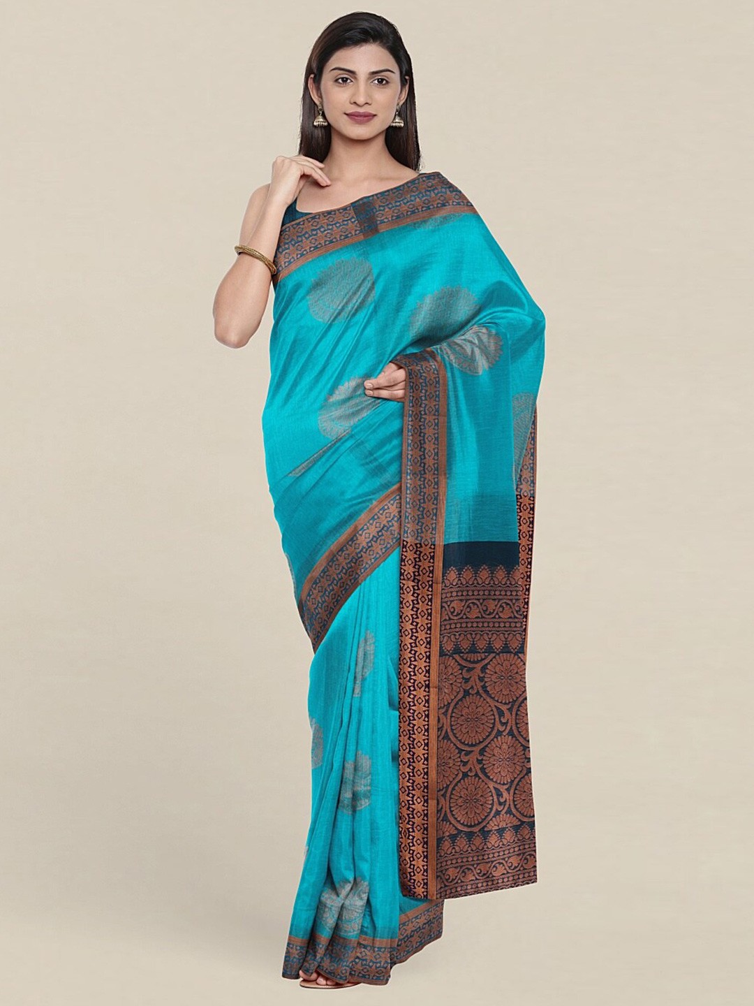 

Pothys Blue & Gold-Toned Ethnic Motifs Zari Silk Cotton Saree