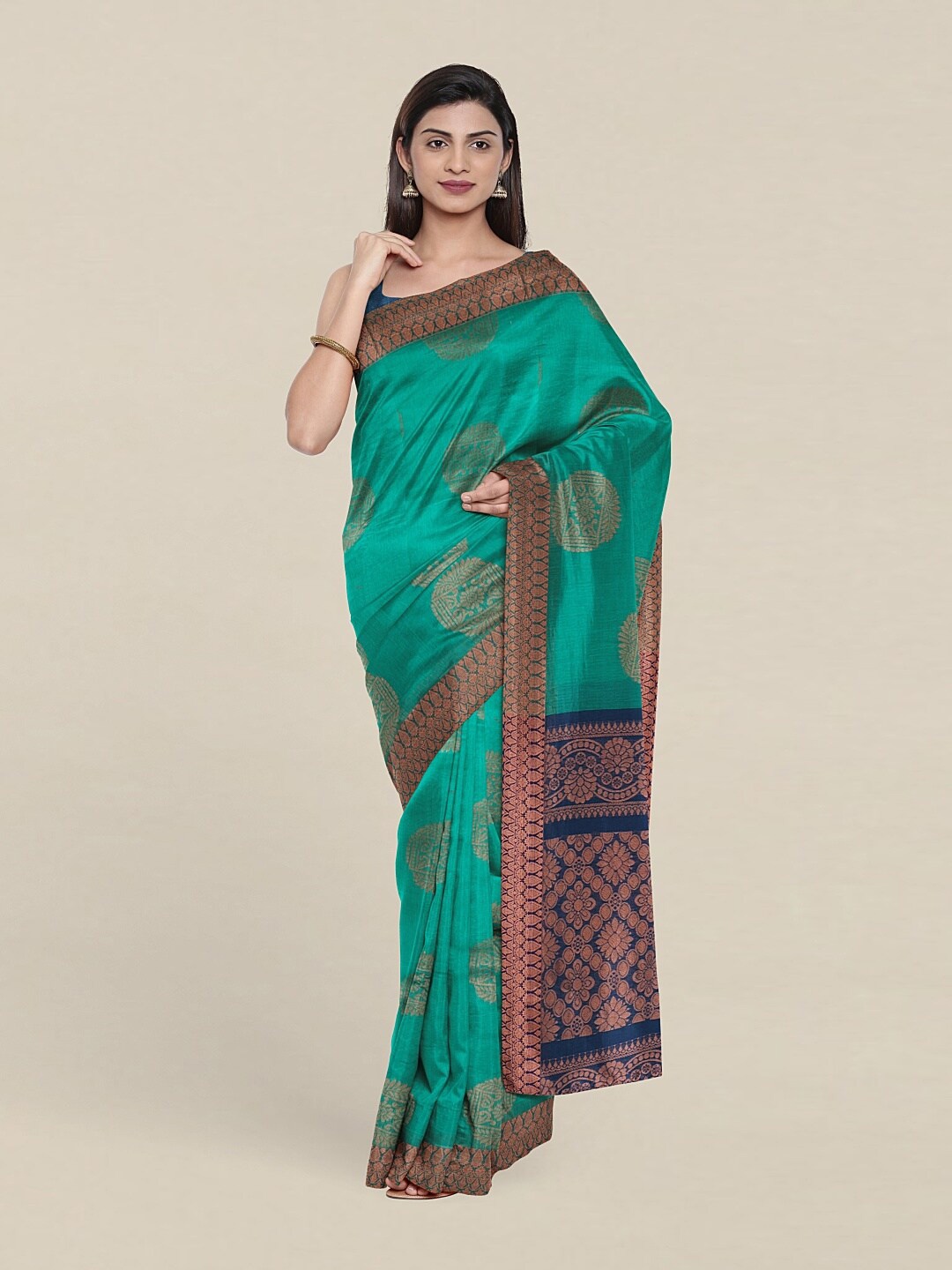 

Pothys Green & Navy Blue Floral Zari Silk Cotton Saree