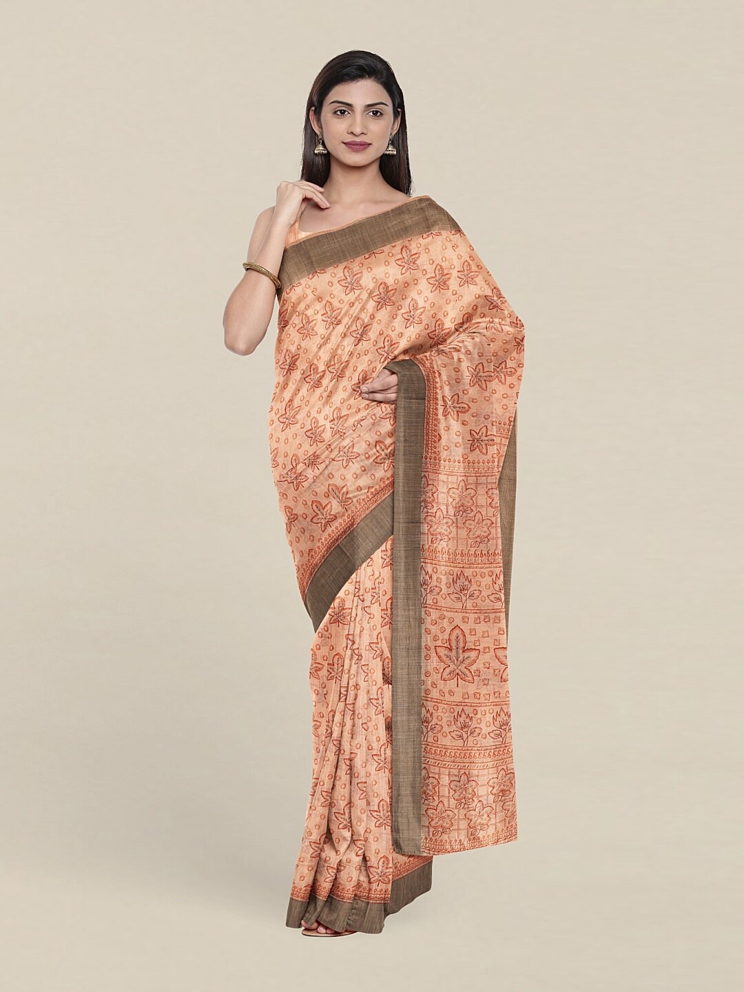 

Pothys Peach-Coloured & Grey Floral Printed Saree