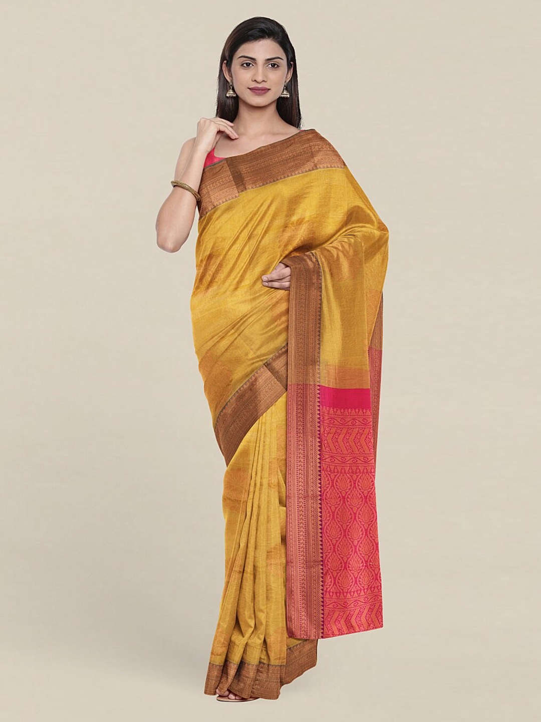 

Pothys Cream-Coloured & Pink Ethnic Motifs Zari Silk Cotton Saree