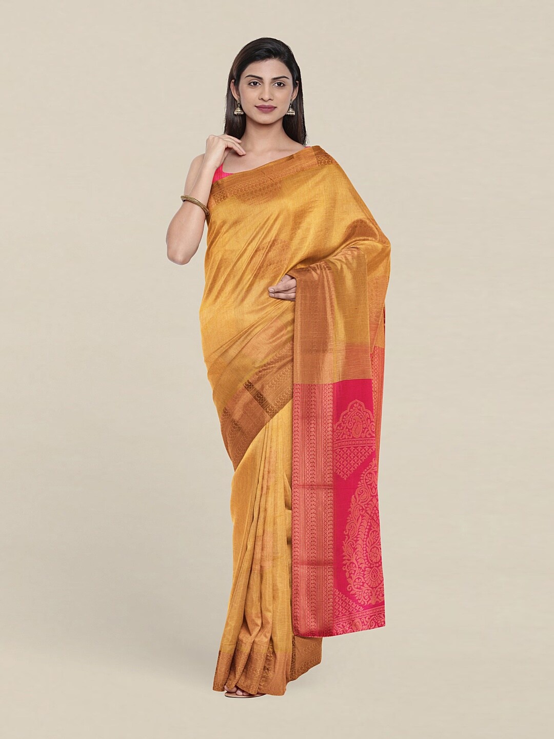 

Pothys Cream-Coloured & Pink Ethnic Motifs Zari Silk Cotton Saree